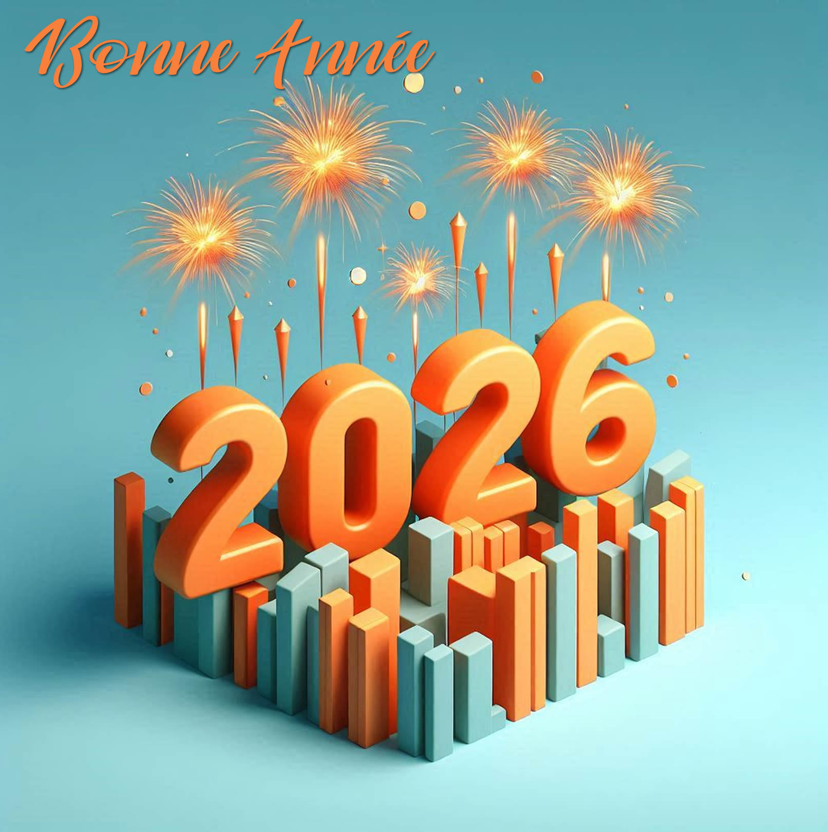 Bonne année 2026 orange avec feux d'artifice