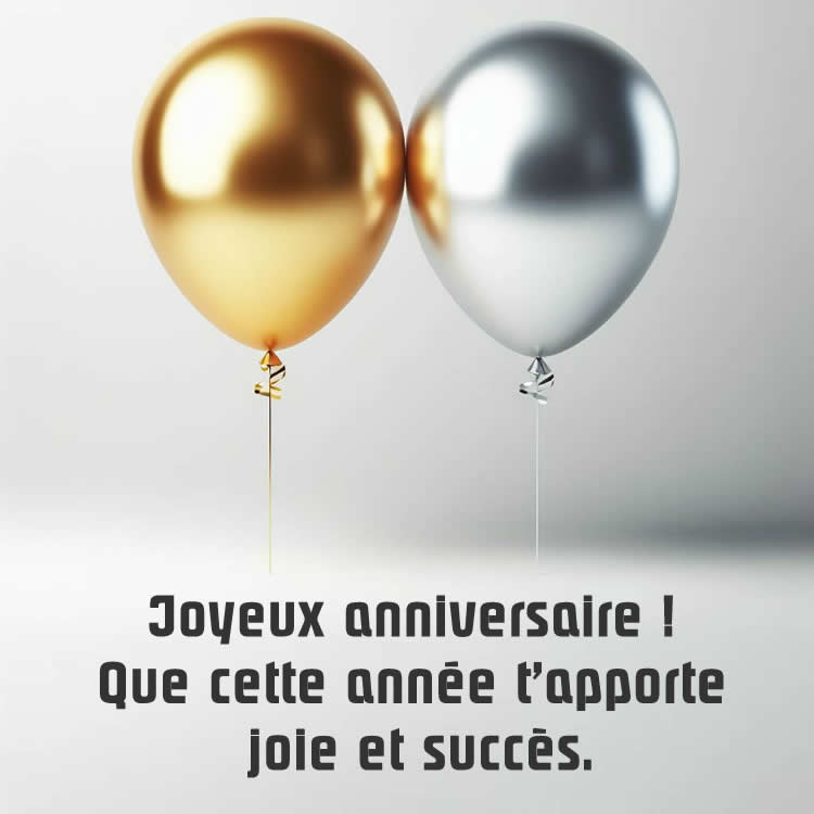 Image de joyeux anniversaire avec deux ballons dorés et argentés avec message de vœux